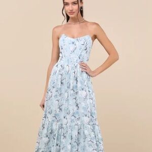 Lulus Floral Strapless Blue Dress